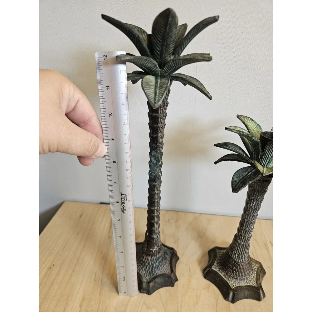 Vintage Metal Palm Tree Candle Holders Set of 2 Tropical Coastal Tiki Decor